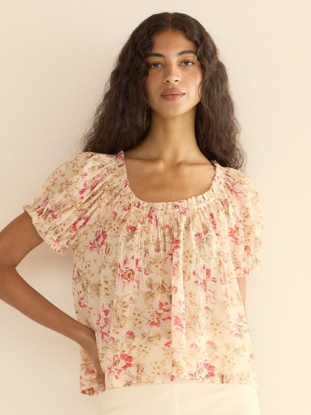 Doen Frederica Cotton Voile Pintuck Ruffle Short Sleeve Top Fleurs De Provence - Picture 5 of 11